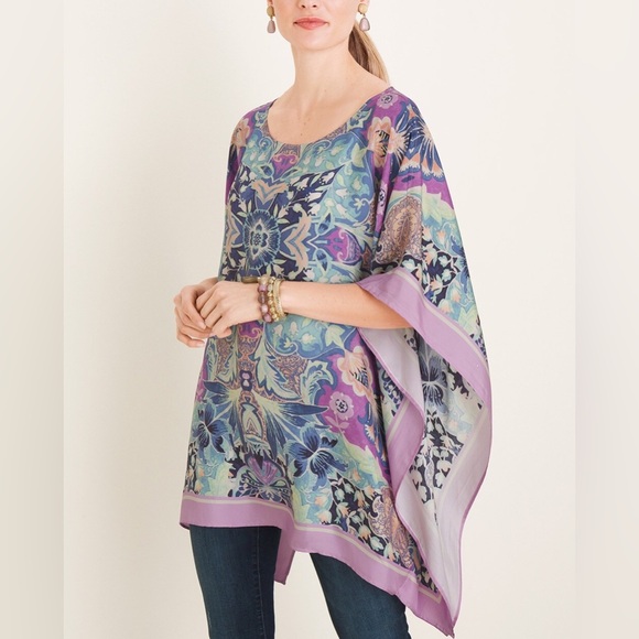 Chico’s Medallion Poncho Kaftan Popover Pastels Pink Blue Size-Large/X-Large - Picture 1 of 5